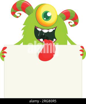Catoon monster with one eye  holding blank paper. Vector illustration Stock Vektor