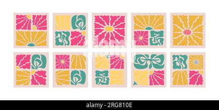 Ein Block abstrakter, kräftiger Blumen. Moderne, trendige Kamillenfliesen für Banner, Menü, Flyer. Stock Vektor