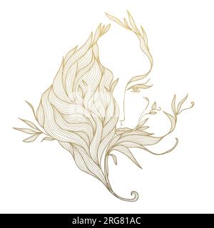 Vektor Hand gezeichnetes Luxus Frau Porträt. Linienfläche mit Blättern und Blumen. Art Deco Vintage Illustration. Stock Vektor