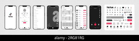 TIK Tok-Design. Tik Tok-Bildschirmvorlage für soziale Medien und soziale Netzwerke einrichten. Homepage, Empfehlungen, Abonnements. TIK Tok Bilderrahmen. Stock Vektor