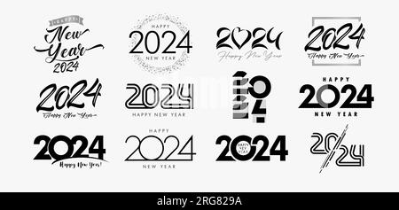 2024-Set mit „Happy New Year“-Logo-Text. Weihnachtssymbole 2024 Frohes neues Jahr. Designvorlage mit 20 24 Nummern. Vektordarstellung Stock Vektor