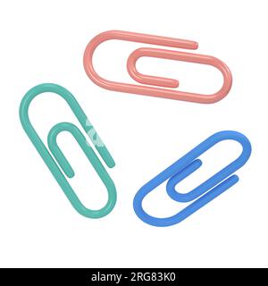 Drei Clips 3D Icon School. Volumetrisches Werkzeug für Papier und Dokumente. Stabiler Halter in Blau, Pink und Grün zum Anbringen von Zeichnungen und Skizzen. Heften Stockfoto