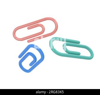 Drei Clips 3D Icon School. Volumetrisches Werkzeug für Papier und Dokumente. Stabiler Halter in Blau, Pink und Grün zum Anbringen von Zeichnungen und Skizzen. Heften Stockfoto