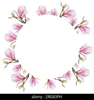 Runder Rahmen mit Blumendesign und rosafarbenem Magnolien-Bog, Blumen, Knospen, handgemalt, isolierte Illustration auf weißem Hintergrund mit pinkfarbenem Aquarell Stockfoto