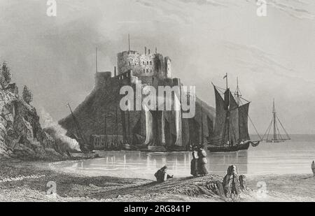 Küste der Normandie. Insel Jersey. Schloss und Hafen von Mont Orgueil. Gravur. "Los Héroes y las Grandezas de la Tierra". Band V. 1855. Stockfoto