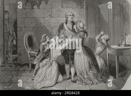 Ludwig XVI. (1754-1793). König von Frankreich (1774-1792). 1770 heiratete er Marie-Antoinette. Louis XVI verabschiedet sich von seiner Frau und seinen Kindern in der Nacht vom 20. Januar 1793. Am nächsten Morgen wurde er auf einem Galgen auf dem Place de la Révolution in Paris gefilzt. Gravur. "Los Héroes y las Grandezas de la Tierra". Band V. 1855. Stockfoto