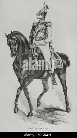 Nicholas I. aus Russland (1796-1855). Russischer Zar (1825-1855). Pferdeporträt. Gravur. "Los Héroes y las Grandezas de la Tierra". Tomo V. 1855. Stockfoto