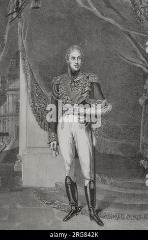 Charles X von Frankreich (1757-1836). König von Frankreich und Navarra von 1824 bis 1830. Nach einer liberalen Revolution im Jahr 1830 verzichtete er. Porträt. Gemälde von Cabasson nach einem Gemälde von Sir Thomas Lawrence (1769-1830). Gravur von A. Quartley. "Los Héroes y las Grandezas de la Tierra". Band V. 1855. Autor: Guillaume-Alphonse Harang Cabasson (1814-1884). Französischer Künstler. Stockfoto