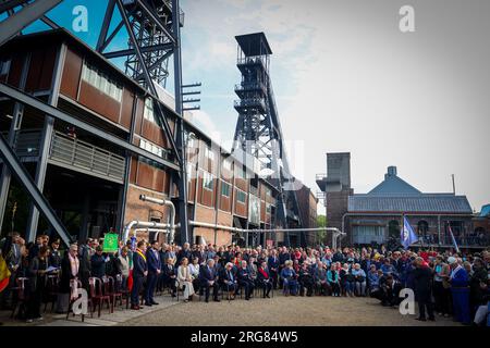 Charleroi, Belgien. 08. Aug. 2023. Illustrationen die Bilder zeigen eine Gedenkfeier der Minenkatastrophe Bois du Cazier in Marcinelle, Charleroi, am Dienstag, den 08. August 2023, anlässlich des 67. Jahrestages der Tragödie. Am 8. August 1956 wurden bei einem Brand, der die Mine zerstörte, 262 Menschen getötet. BELGA PHOTO VIRGINIE LEFOUR Kredit: Belga News Agency/Alamy Live News Stockfoto