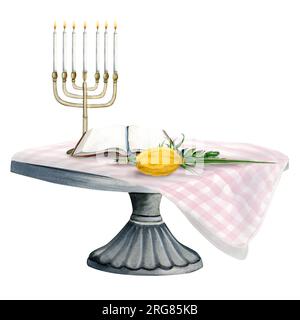 Sukkot Zeremoniepflanzen, Menorah mit Kerzen und Torah Buch auf rundem Tisch mit Tischdecke Aquarell Illustration Stockfoto