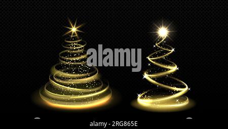 Realistisches Set von spiralförmigen, hellen Weihnachtsbäumen isoliert auf transparentem Hintergrund. Vektor-Cartoon-Darstellung goldener Xmas-Wirbel mit gelben Sternen und schimmernden Partikeln. Weihnachtliche Einrichtung Stock Vektor