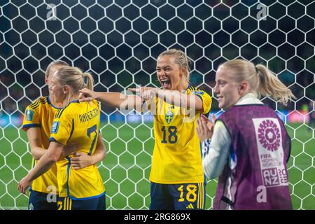 Melbourne, Australien. 06. Aug. 2023. Rolfo Fridolina (C) aus Schweden feiert nach dem Spiel der FIFA Frauenweltmeisterschaft 2023 zwischen Schweden und den USA im Stadium Australia. Endstand; Schweden 0:0 USA.Elfmeter; 5:4. (Foto: Patricia Pérez Ferraro/SOPA Images/Sipa USA) Guthaben: SIPA USA/Alamy Live News Stockfoto