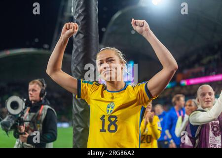 Melbourne, Australien. 06. Aug. 2023. Rolfo Fridolina aus Schweden feiert nach dem FIFA Frauen-Weltmeisterschaftsspiel 2023 zwischen Schweden und den USA im Stadion Australien. Endergebnis: Schweden 0:0 USA. Strafen; 5:4. (Foto: Patricia Pérez Ferraro/SOPA Images/Sipa USA) Guthaben: SIPA USA/Alamy Live News Stockfoto