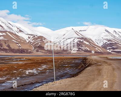 Schilder auf der Straße aus Longyearbyen Svalbard. Stockfoto