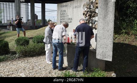 Die Menschen gedenken dem Jahrestag des tragischen Zugunglücks an der Gedenkstätte des Eisenbahnunfalls in Studenka, Region Novy Jicin, Tschechische Republik, am 8. August 2023. Vor 15 Jahren, am 8. August 2008, ereignete sich die Katastrophe des internationalen EuroCity Comenius-Zuges von Krakau, Polen, nach Prag um ca. 10:30 Uhr, als der Zug gegen einen Teil einer Straßenbrücke, die gerade wieder aufgebaut wird, stürzte, kurz vor dem vorbeifahrenden Zug. Acht Menschen starben und 95 wurden bei dem Unfall verletzt. Der Zug brachte Menschen zum Konzert der britischen Schwermetallgruppe Iron Maiden in Pragu Stockfoto