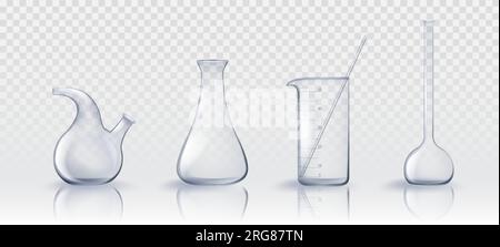 3D Chemie Labortest Glasbecher realistischer Vektor. Laborglasgeräte Science Tube Set auf transparentem Hintergrund. Leere Messflasche und Chemikalienbehälter sammeln Stock Vektor