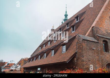 In der Altstadt von Danzig gibt es viele kleine Fenster auf einem roten Dach, das mit Fliesen bedeckt ist Stockfoto