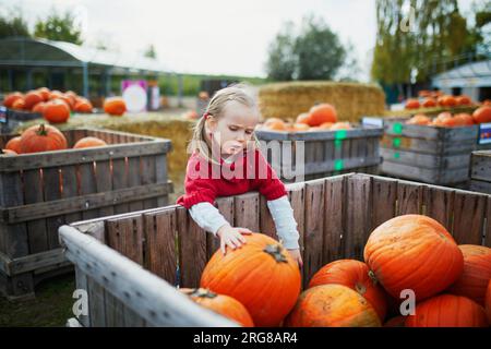 Süßes Vorschulmädchen in rotem Poncho, das Kürbis auf dem Bauernhof auswählt. Fröhliches Kind feiert Halloween Stockfoto