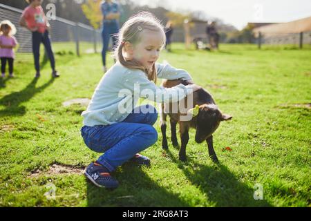 Ein bezauberndes kleines Mädchen, das auf dem Bauernhof mit Ziegen spielt. Kind, das sich mit Tieren vertraut macht. Landwirtschaft und Gartenarbeit für Kleinkinder. Aktivitäten im Freien Stockfoto