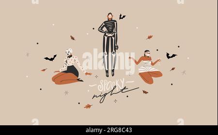 Handgezeichnete abstrakte Vektor Grafik Cliparts Illustrationen, Halloween Urlaub Kostüm Party Erwachsene Menschen Charaktere Sammlung Set.Gruseliges Halloween Stock Vektor