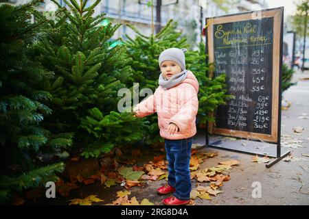 Ein bezauberndes Kleinkind, das sich einen Weihnachtsbaum im Geschäft im Freien oder auf dem Markt in Paris aussucht. Feiertage mit Kindern Stockfoto