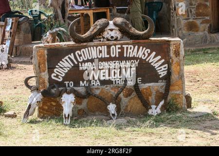 schilder und Tierschädel in Masai Mara Conservancy, Kenya Safari Lodge. Stockfoto