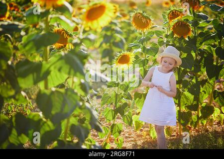 Bezauberndes 4-jähriges Mädchen in weißem Kleid und Strohhut auf einem Feld mit Sonnenblumen in der Provence, Frankreich Stockfoto