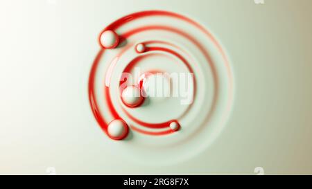 Vier Bälle Rollen in einem Kreis auf einer weichen Oberfläche. Draufsicht der Kugeln in Kontakt mit flüssigem Material. Japanischer Stil mit roten Streifen. 3D-Visualisierung. Stockfoto