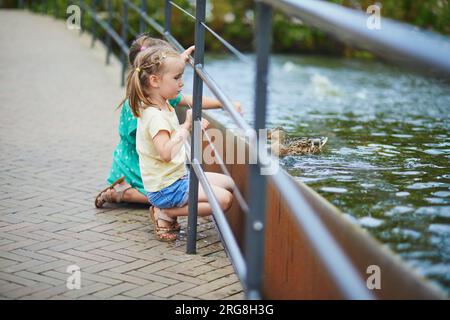 Vorschulmädchen, die im Zoo oder Safaripark Enten anfassen oder im Wasser angeln wollen. Sommeraktivitäten im Freien für Kinder Stockfoto