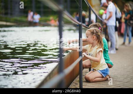 Vorschulmädchen, die im Zoo oder Safaripark Enten anfassen oder im Wasser angeln wollen. Sommeraktivitäten im Freien für Kinder Stockfoto