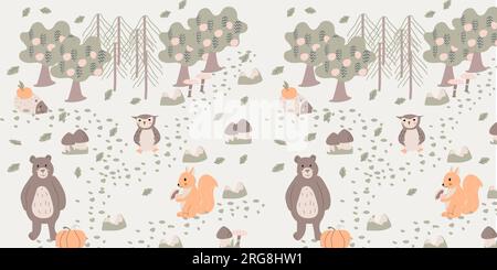 Nahtloses kindliches Muster mit Bär, Eichhörnchen, Eule Stock Vektor