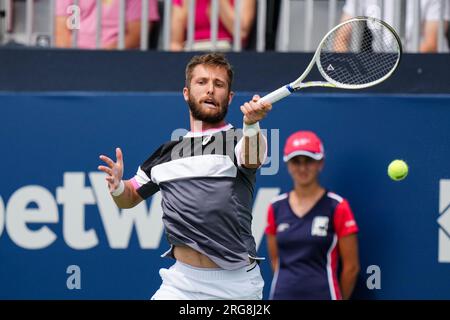 Toronto, Kanada, 05. August 2023: Corentin Moutet von Frankreich in Aktion während des Qualifying Round Day 1 gegen Justin Boulais von Kanada im Sobeys Stadium in Toronto, Kanada. Moutet gewann das Spiel, 6-0, 6-3. Stockfoto