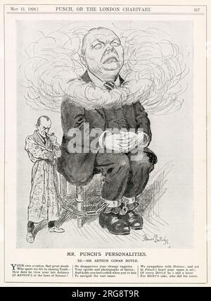 Das Cartoon-Porträt SIR ARTHUR CONAN DOYLE (1859 - 1930), Schriftsteller, karikiert mit seinem Kopf in den Wolken und mit Manakeln an den Knöcheln, angekettet an eine kleine Sherlock Holmes Figur, die nebenan steht (er sehnte sich danach, von der beliebten Figur, die er geschaffen hatte, befreit zu sein). Stockfoto