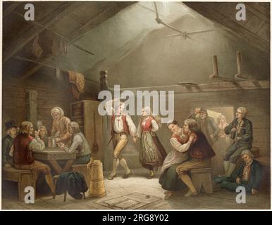 Anhänger des norwegischen Sektierers Nielsen Hauge (1771-1824) treffen sich an einem Sonntagabend in einem Bauernhaus Stockfoto