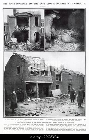 Der erste deutsche Luftangriff von drei Zeppelinen warf Bomben in Yarmouth, King's Lynn und in der Nähe des königlichen Anwesens in Sandringham in Norfolk ab, wobei Gebäude angezündet und Zivilisten getötet wurden. Stockfoto