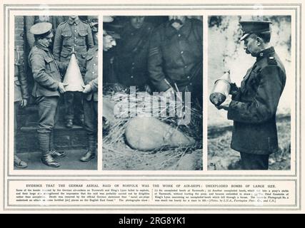 Große, nicht explodierte Bomben durch einen deutschen Luftangriff über Yarmouth und King's Lynn in Norfolk, in der Nacht vom 19. Januar 1915. Stockfoto