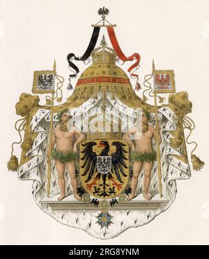 „Das grosse Kaiserwappen“ - das kaiserliche deutsche Wappen, in dem zwei verärgerte Härte die Krone des Karls des Großen betrachten. Stockfoto