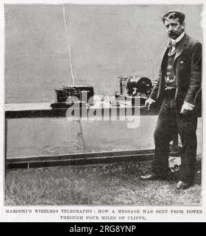 Guglielmo Marconi, hier auf dem Foto mit seiner neuesten Erfindung gezeigt, sendet ein drahtloses Telegramm vom Rathaus von Dover zum Leuchtturm von South Foreland, durch vier Meilen Klippen. Stockfoto