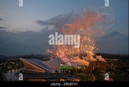 Chengdu, Chinas Provinz Sichuan. 8. Aug. 2023. Feuerwerke sind während der Abschlusszeremonie der FISU Summer World University Games 31. in Chengdu, Südwestchina Provinz Sichuan, am 8. August 2023 zu sehen. Kredit: Liu Kun/Xinhua/Alamy Live News Stockfoto