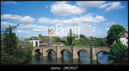 Hereford Stadt und Kathedrale und die Alte Brücke über den Fluss Wye, England. Stockfoto