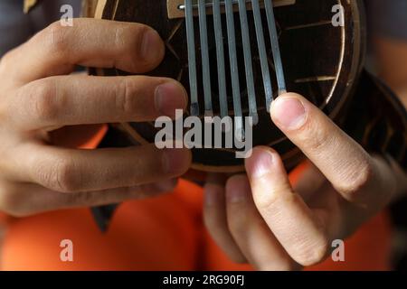 Kalimba-Schildkröte. Traditionelles Instrument aus Afrika in Nahaufnahme. Selektiver Fokus Stockfoto