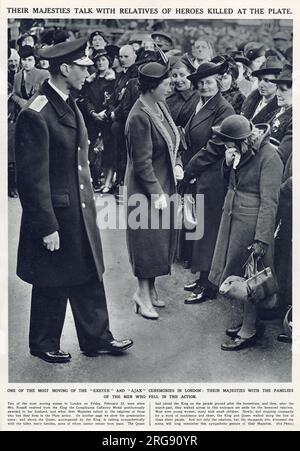 König George VI. Und Königin Elisabeth besuchen Verwandte von Helden, die in der Schlacht am Flussplatte getötet wurden, die am 13. Dezember 1939 im Südatlantik als erste Seeschlacht des Zweiten Weltkriegs kämpften. Stockfoto