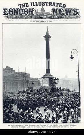 Sieg der Schlacht am Flussplatte, wo HMS Ajex, Exerter Achilles am 13. Dezember 1939 im Südatlantik kämpfte, als erste Seeschlacht des Zweiten Weltkriegs. Menschenmassen beobachten die Siegesparade auf dem Weg zum Guildhall Luncheon durch die Londoner Straßen. Stockfoto