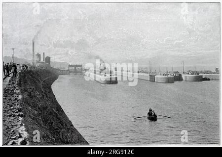 Der Bau eines Kanals (36 Meilen lang) für Seeschiffe zwischen der Stadt Manchester und der Mündung der Mersey habe sich als Ingenieurbüro ersten Ausmaßes erwiesen. Ein Foto zeigt die großen Schleusen in Eastham, der Punkt, an dem der Kanal in die Mersey eindringt, neun Meilen über Liverpool. Stockfoto