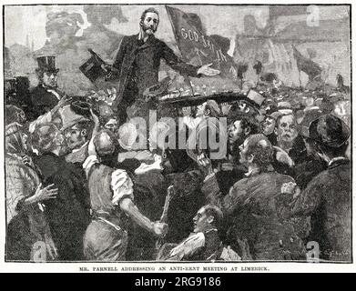 Charles Parnell, ein irischer Nationalist, spricht vor einem Anti-Miete-Treffen in Limerick, Irland. Stockfoto