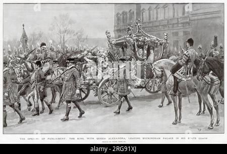 König Edward VII mit Königin Alexandra von Dänemark in der vergoldeten Staatskutsche, verlässt Buckingham Palace, London zur ersten Parlamentseröffnung. Stockfoto