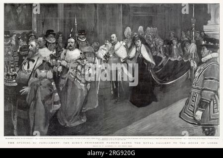 Die Eröffnung des Parlaments, Edward VII, vorbei an der Königlichen Galerie zum House of Lords. Stockfoto