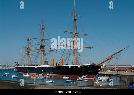 Blick auf HMS Warrior in Portsmouth, der Stolz der Flotte von Königin Victoria aus dem Jahr 1860. Stockfoto