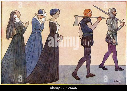 Lady Jane Grey (1537-1554) wird zu ihrer Hinrichtung geführt, während ihre Damen warten. Stockfoto