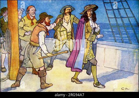 James II und VII (1633-1701) - König von England und Irland als James II und König von Schottland, als James VII entdeckte, dass er aus England fliehen wollte. Als William von Orange und seine Armee sich langsam nach London bewegten, wechselten viele von James' Anhängern die Seite. Sogar ranghöchste Generäle in James' Armee, wie John Churchill, gingen zu William. Zu diesem Zeitpunkt schickte James seine Frau und seinen Sohn nach Frankreich. James beschloss bald, selbst zu fliehen, aber sein Boot wurde von einigen Fischern in Kent angehalten (wie hier gezeigt) und nach London zurückgebracht. Stockfoto